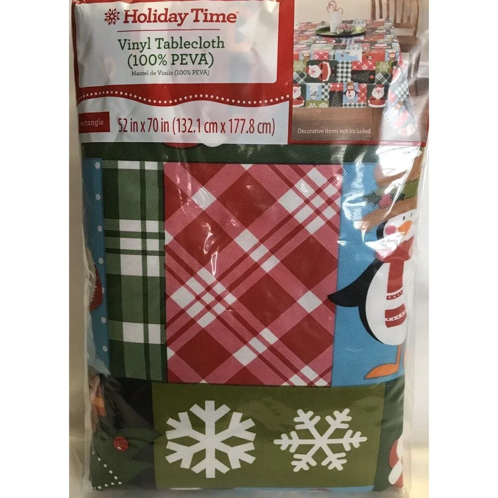 Christmas Holiday Vinyl Tablecloth 52 inch x 70 inch Rectangle Patchwork New